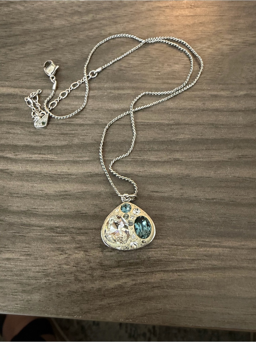 Swarovski Silver Necklace with Clear and Teal Crystal Pendants